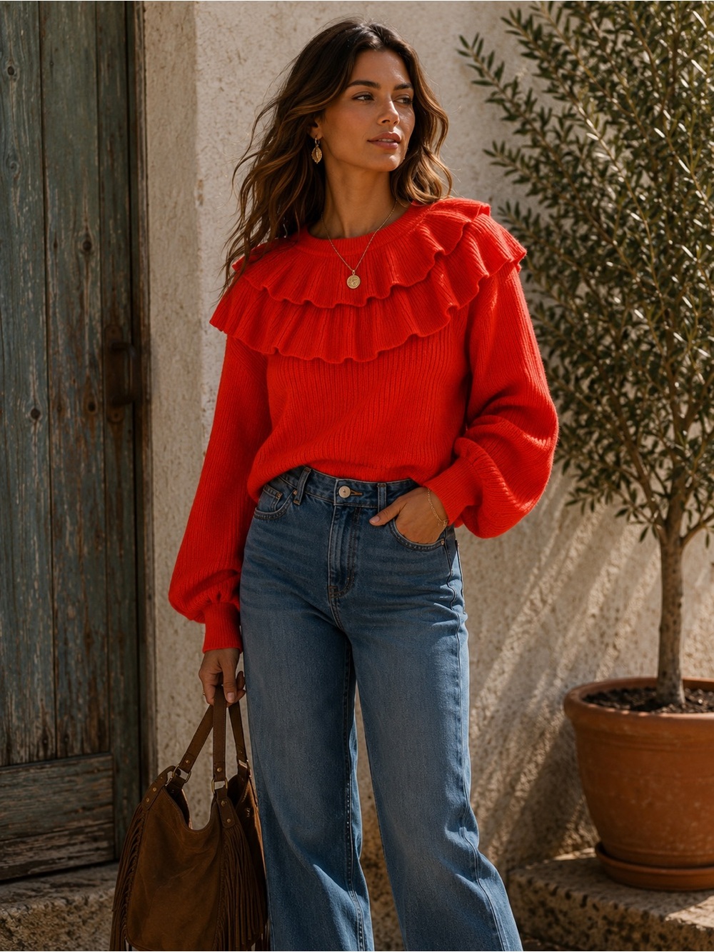Zara Vibrant Red Ruffle Knit Sweater | Lightweight | Size Small